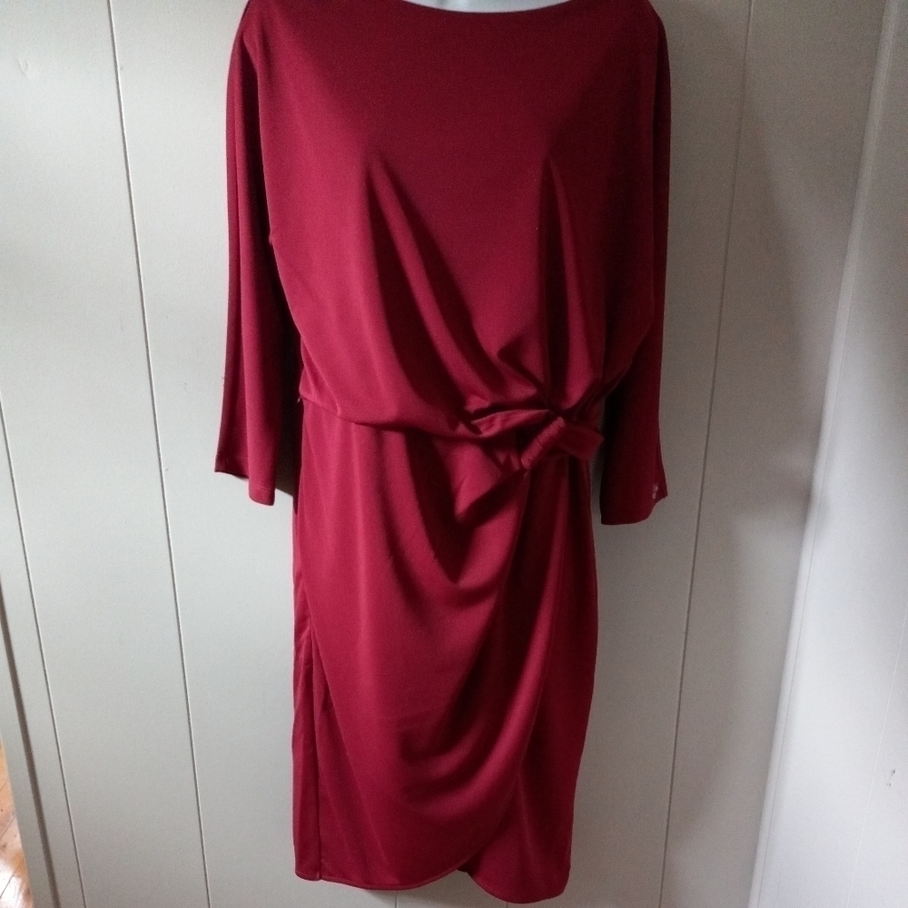 H  by Halston Women's  M Faux Wrap Jersey Dress Burgundy/Red Stretch